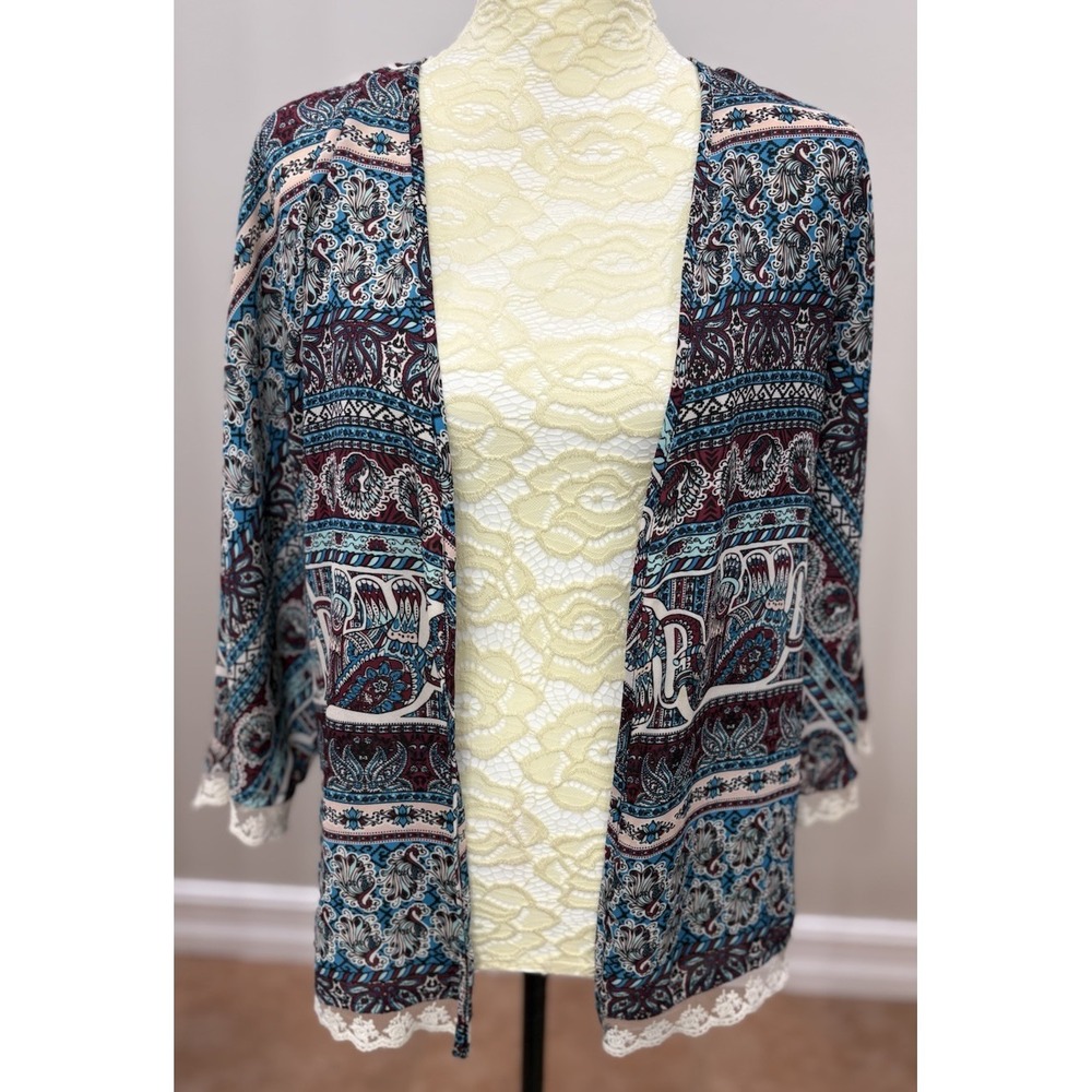 Y2K Charlotte Russe Kimono Duster Womens S Elephant Print Lace Trim Boho Peasant